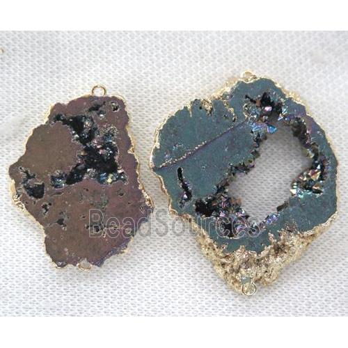 druzy agate connector, freeform, rainbow electroplated