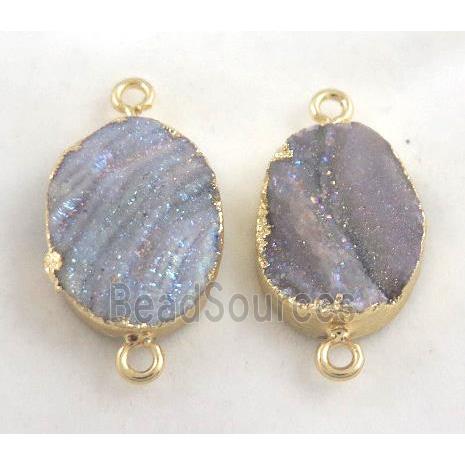 druzy sunAgate connector, oval, AB-color electroplated