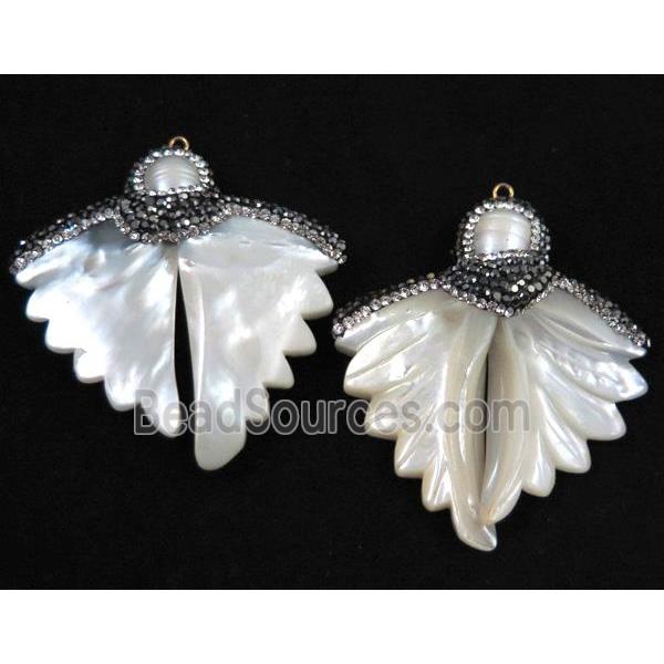 pearl shell pendant paved rhinestone, bat shape