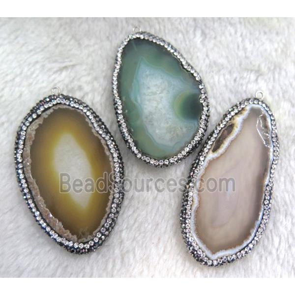 Agate slice pendant paved rhinestone, freeform, mix