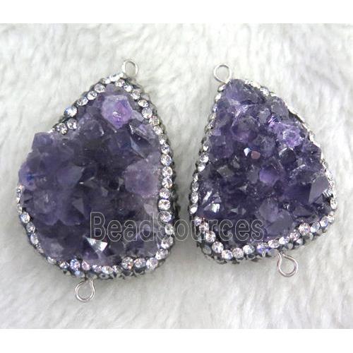 Amethyst druzy connector paved rhinestone, freeform, purple