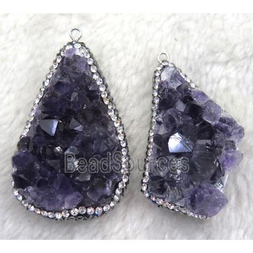 amethyst druzy pendant paved rhinestone, freeform, purple