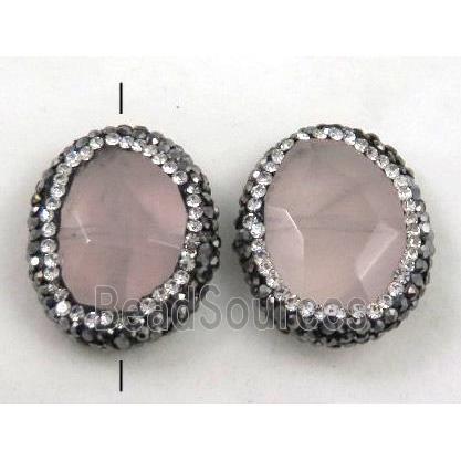 rose quartz bead paved rhinestone, faceted freeform, pink