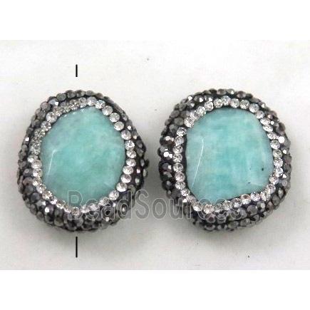 Amazonite stone bead paved rhinestone, faceted freeform, green