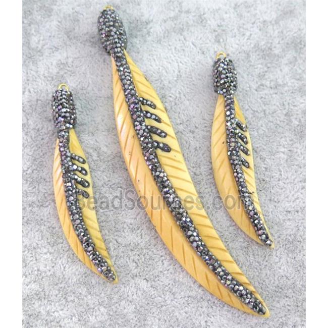 yellow cattle bone pendant paved rhinestone, feather