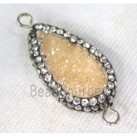 Druzy Quartz connector paved rhinestone, teardrop, gold champagne