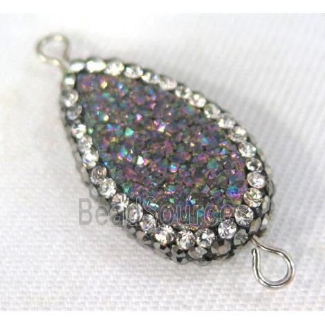 Druzy Quartz connector paved rhinestone, teardrop, rainbow