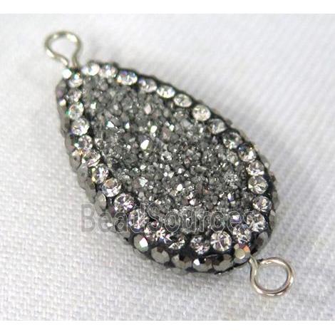 Druzy Quartz connector paved rhinestone, teardrop, silver