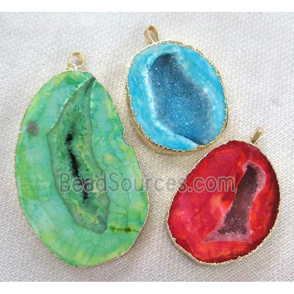 druzy agate pendant, freeform, mix color, gold plated