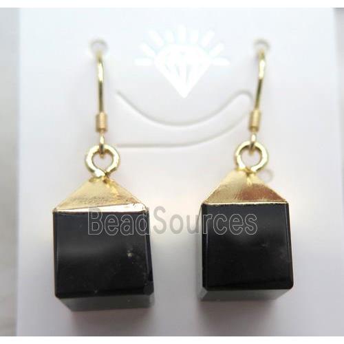 black agate earring, cube, gold plated