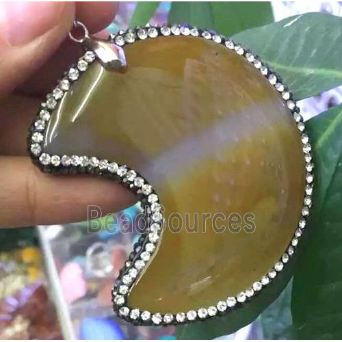 Agate pendant paved rhinestone, moon