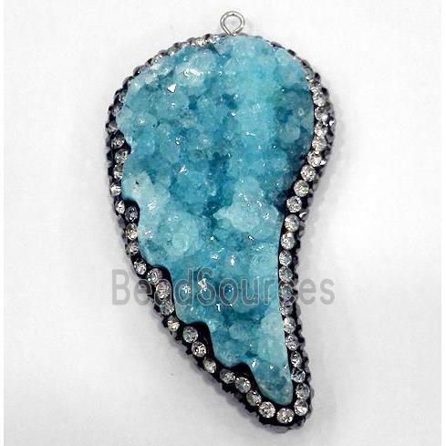 aqua druzy quartz pendant paved rhinestone, wing