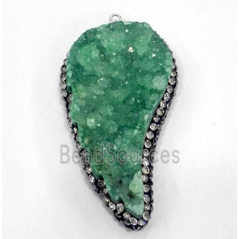 green druzy quartz pendant paved rhinestone, wing