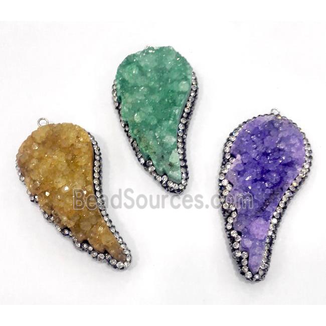 druzy quartz pendant paved rhinestone, wing, mix color