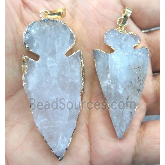 clear quartz arrowhead pendant, rough, gold plated