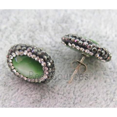 cats eye stone earring studs paved rhinestone, green