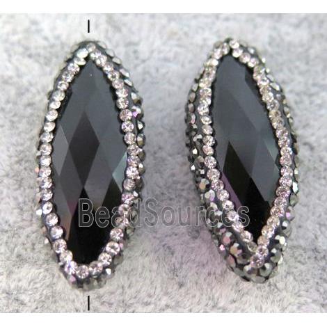 black onyx agate bead paved rhinestone, horse eye shape