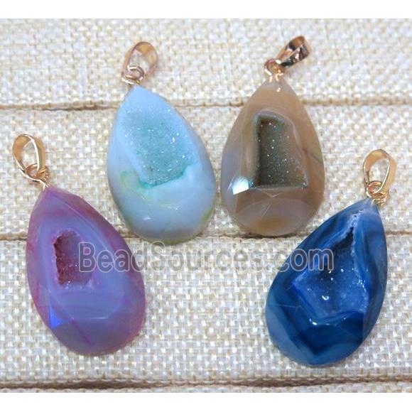 agate druzy pendant, faceted teardrop, mix color