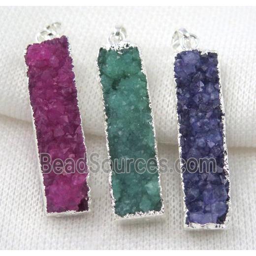 druzy quartz pendant, rectangle, mix color, silver plated