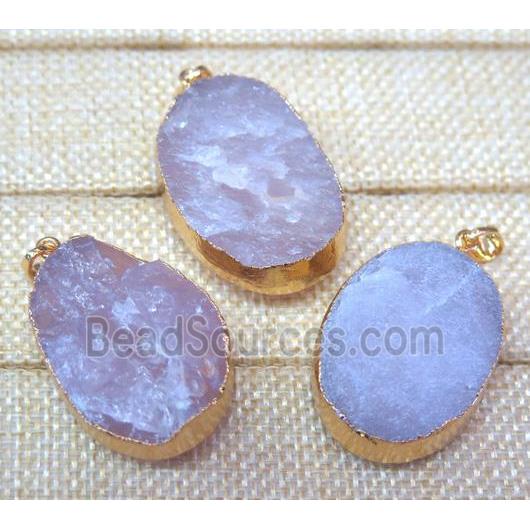 rose quartz oval pendant, rough, gold plated