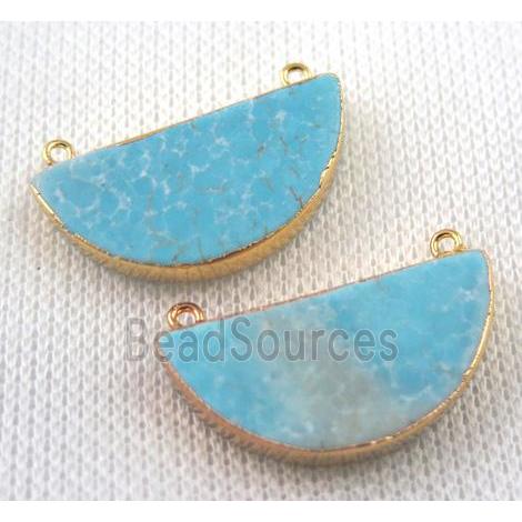 blue turquoise pendant with 2holes, half round, gold plated