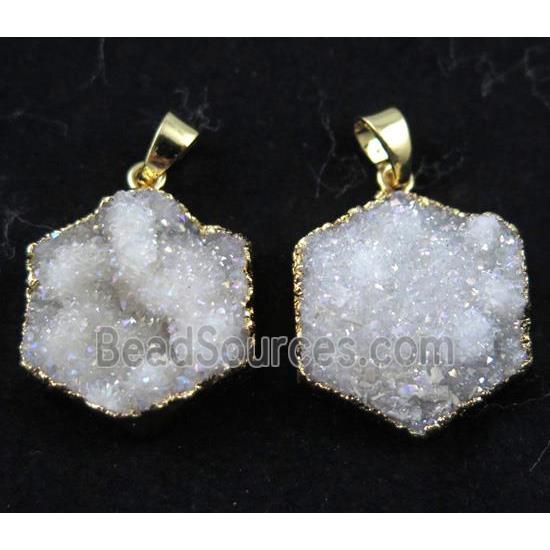 druzy quartz pendant, hexagon, white AB-color, gold plated