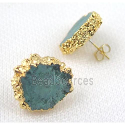 green Solar Quartz druzy earring studs, copper, gold plated