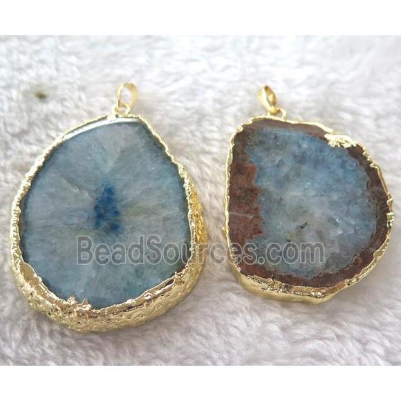 blue druzy agate slice pendant, freeform, gold plated