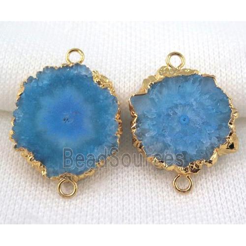 aqua solar Quartz druzy slice connector, freeform, gold plated