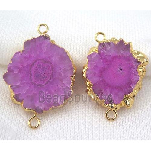 hotpink Solar Quartz druzy slice connector, freeform, gold plated