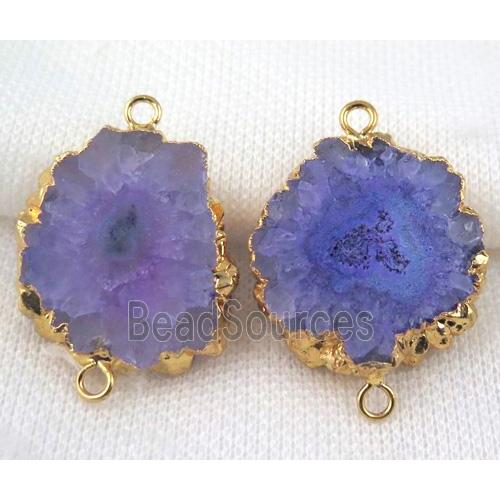 purple solar Quartz druzy slice connector, freeform, gold plated