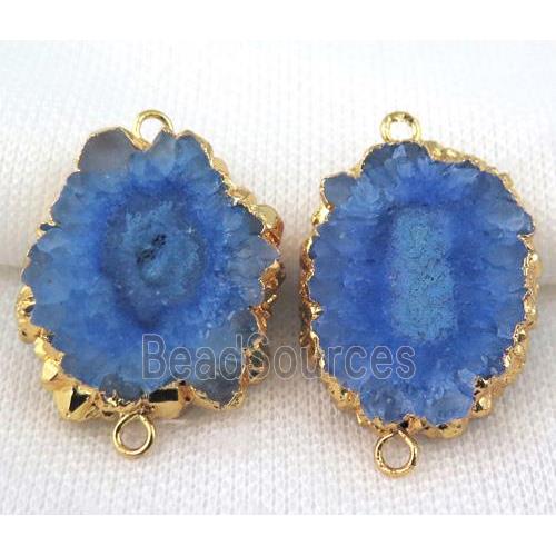 royal blue Solar Quartz druzy slice connector, freeform, gold plated