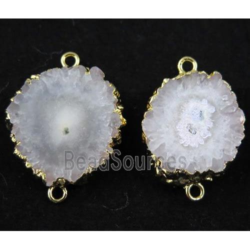 white Solar Quartz druzy slice connector, freeform, gold plated