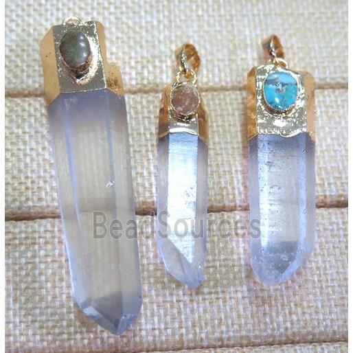 clear quartz pendant paved turquoise, stick, gold plated