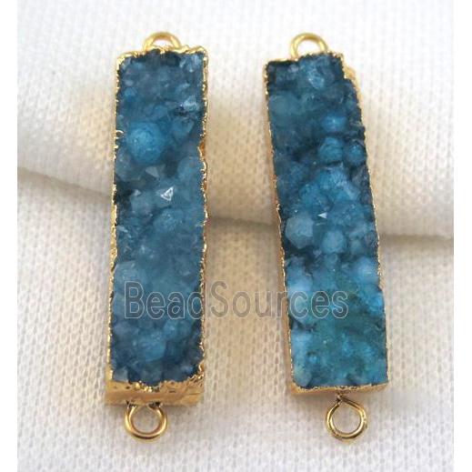 blue druzy quartz connector, rectangle, gold plated