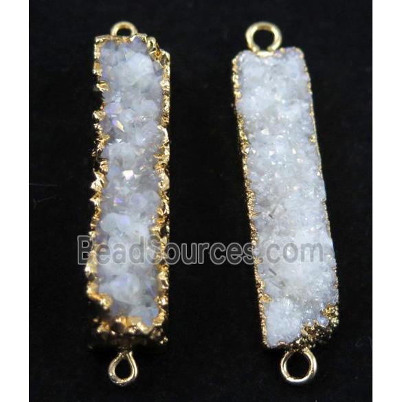 druzy quartz connector, white AB-color, rectangle, gold plated