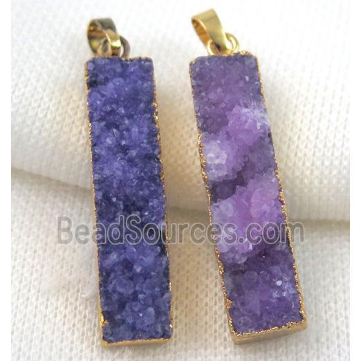 purple druzy quartz pendant, rectangle, gold plated