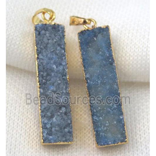 light blue druzy quartz pendant, rectangle, gold plated