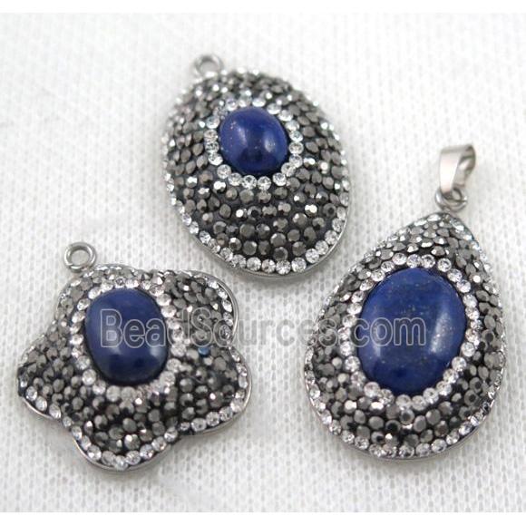 Lapis Lazuli pendant paved rhinestone, mix shape