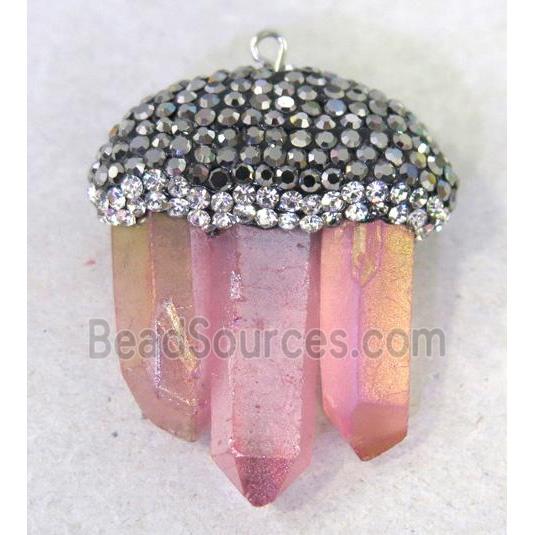 Crystal Quartz stick pendant paved rhinestone, pink