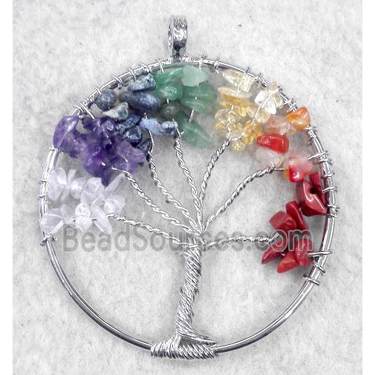 Gemstone Chips Chakra Pendant Tree Of Life Wire Wrapped Platinum Plated