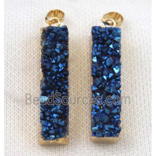 druzy quartz pendant, blue, rectangle, gold plated