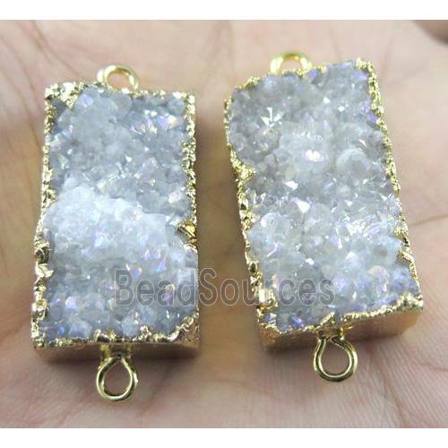 quartz druzy connector, white AB-color, rectangle, gold plated