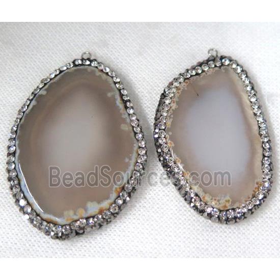 agate slice pendant pave rhinestone, gray