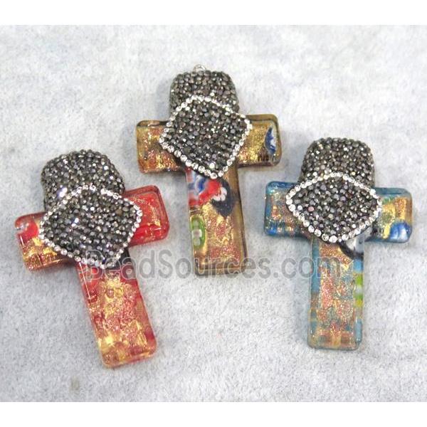 lampwork cross pendant paved rhinestone, mix color