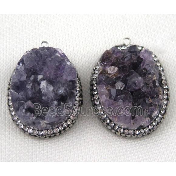 amethyst druzy pendant paved rhinestone, oval