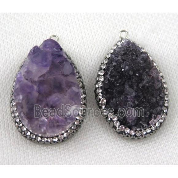 amethyst druzy pendant paved rhinestone, teardrop