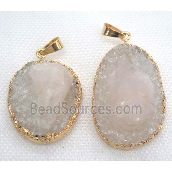 Clear Quartz pendant, white, freeform, gold plated