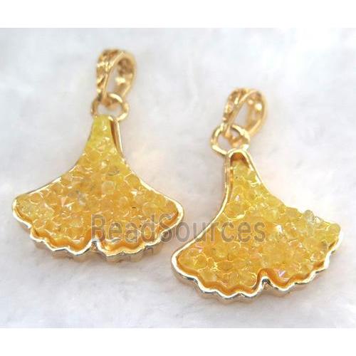 druzy resin pendant, leaf, gold plated