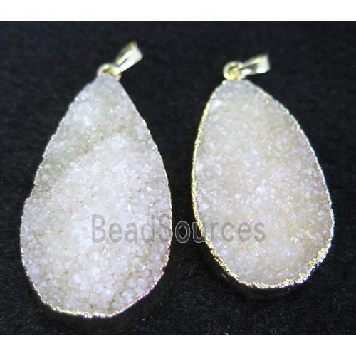 white druzy quartz pendant, teardrop, gold plated